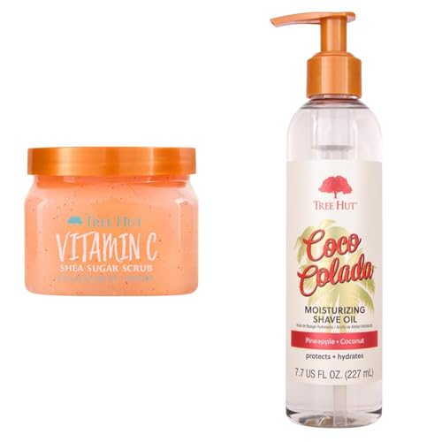 Tree Hut Vitamin C Shea Sugar Body Scrub 18 oz & Bare Coco Colada Shave Oil 7.7 fl oz Skincare Bundle