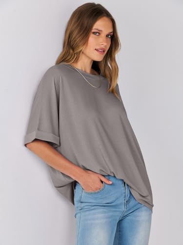 ANRABESS Women's Oversized T Shirts Short Sleeve Crewneck Summer Tops Casual Loose Basic Tee Shirts 2024 Trendy Clothes Brwon Small