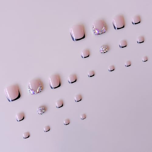 YIHONGYAN Style A24 Black French Tips Press-On Nails Kit with 3D Rhinestones, 24 pcs