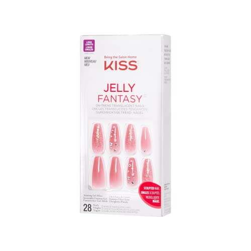 KISS Jelly Fantasy On-Trend Translucent Nails, Long Sculpted Glue-On/Press-On Fake Nails Kit, “Be Jelly”, with Pink Gel Nail Glue, 24 Mega Adhesive Tabs, Mini File, Manicure Stick, & 28 (Pack of 2)