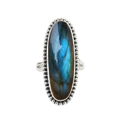 Blue Flash Labradorite Gemstone 925 Sterling Silver Handmade Long Oval Statement Ring For Women Designer Labradorite Jewelry For Anniversary, Wedding, Friendship, Love Gift Ring By NKG