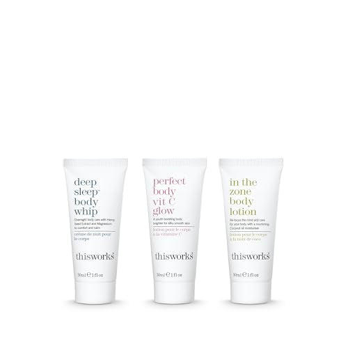 THISWORKS Blissful Bodycare Trio ? Deep Sleep Body Whip, Perfect Body Vit C Glow, In The Zone Body Lotion (30ml each) ? Travel-Size Moisturizers