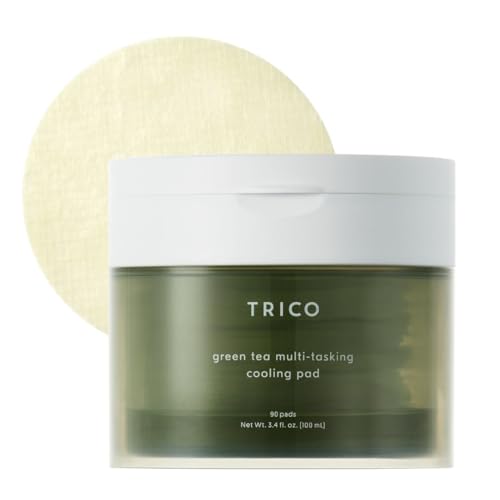 TRICO Green Tea Multi-Tasking Cooling Pad, 3-1 Korean Toner Pads with Depuffing, Cooling & Moisturizing Effects for All Skin Types - Green Tea Water from Jeju Island, Lemon & Honey Extract - 90 Pads