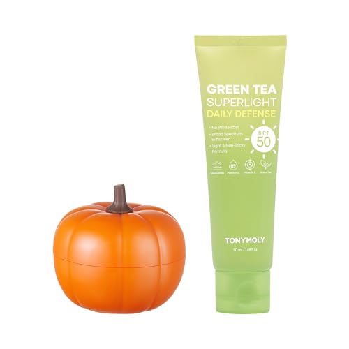 TONYMOLY Green Tea SPF 50 Sunscreen with Plump-kin Retinol Eye Cream, Korean Skincare Bundle with Pumpkin Extract and Green Tea for Face Sun Protection, Hydration and Anti-Aging