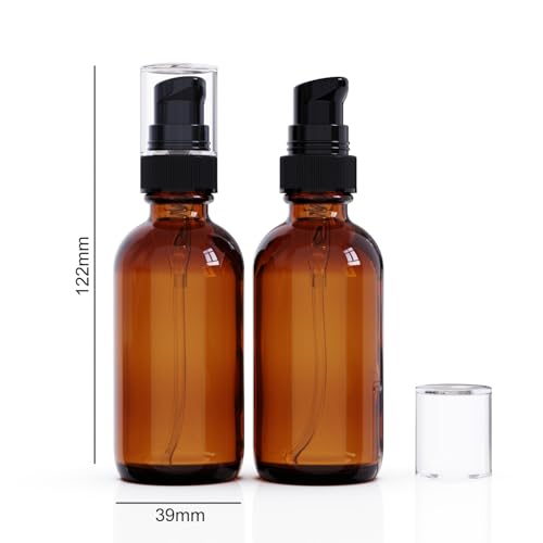 12Pack 60ml Amber Glass Pump Bottle with Black Top,2oz Small Dispenser, Travel Size Refillable Botttles For Lotions,Sercums,Essential Oils
