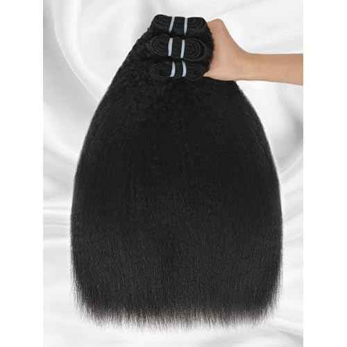 Raw Bundles Human Hair Kinky Straight Bundles 12 14 16 Inch 100% Unprocessed Brazilian Hair 16A Double Weft Kinky Straight 3 Bundles Deals Human Hair Natural Black