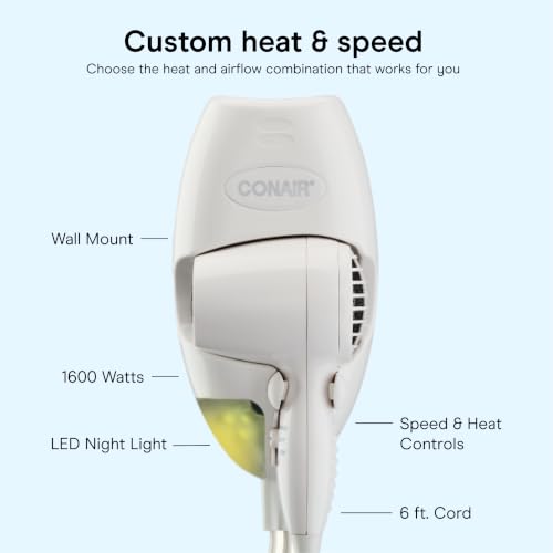 Conair 1600W Wall Mount Hair Dryer with LED Night Light