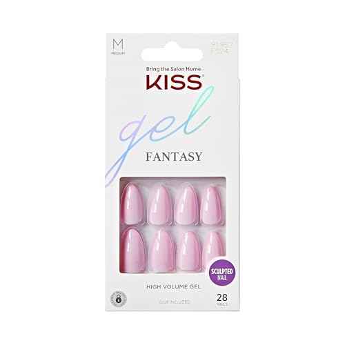KISS Gel Fantasy, Press On Nails, Nail glue included, 'No Regrets', Light Pink, Medium Size, Almond Shape, Includes 28 Nails, 2g Glue, 1 Manicure Stick, 1 Mini file