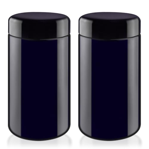 2 Pcs Black Violet Glass Jar Refillable Ultraviolet Container Wide Mouth Storage Bottle for Spices Powder Coffee Cosmetic Home Kitchen - 500ml/16.9oz
