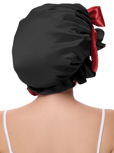 Satin Hair Bonnet for Sleeping with Adjustable Tie Band - Black