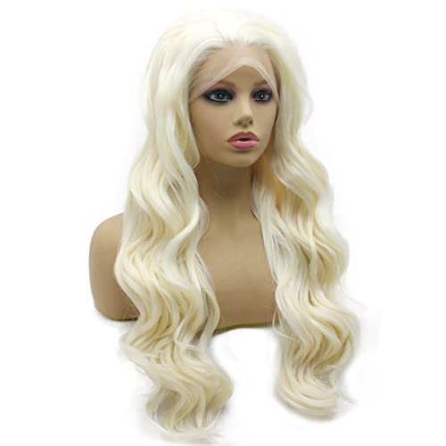 Iewig Long Wavy Lignt Blonde Wig for Women Half Hand Tied Synthetic Lace Front Wig