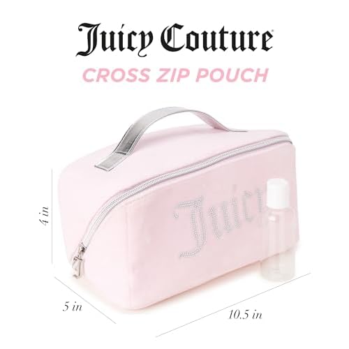 Juicy Couture Pink Makeup Bag Cosmetics Organizer Travel Essentials Cross Zip Velour Rhinestone Silver Handle