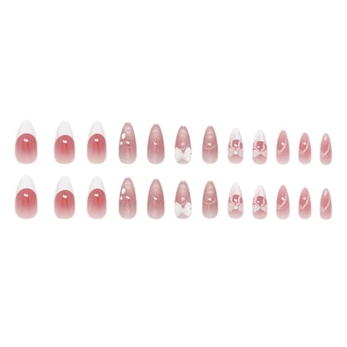 YIHONGYAN Almond Cat Eye Bow Nail Kit - French Press-On False Nails for Women, Blush Art Tips, 24Pcs