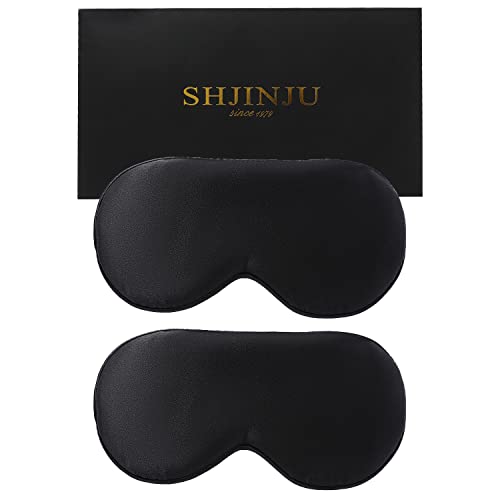 2-Pack 100% Real Natural Silk Eye Mask, Silk Sleeping Mask, Shade Puffy Eye Gift with Adjustable Straps, Sleep Eye Mask, SHJINJU Eye Mask Shade (Black and Black)