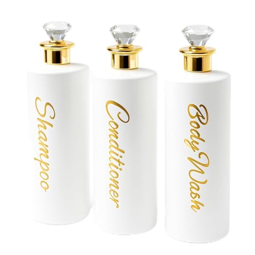 Shampoo and Conditioner Dispenser - Essentials Toiletry Bottles - Shower Refillable Shampoo and Body Wash Soap Pump Bottle ? 3X 16oz Containers - White Diamond Round