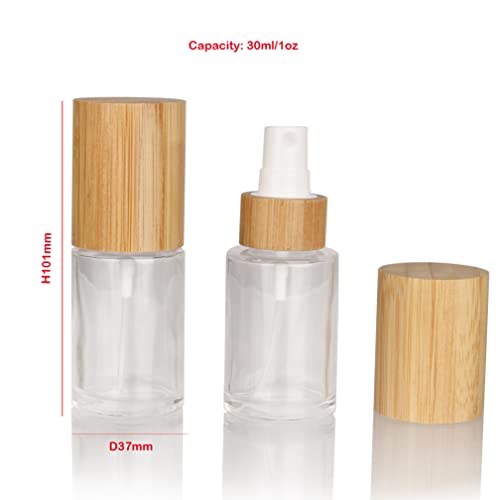 COSIDEA 6 pcs Empty 1oz / 30ml bamboo lid clear glass spray bottle with fine mist despenser head for liquid perfume toiletries, toner bottles