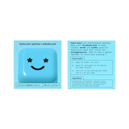 Starface Hydro-Star + Salicylic Acid Pimple Patches and Big Blue Compact, Helps Shrink and Soothe Deeper Spots, Cute Star Shape, Vegan, 32 count