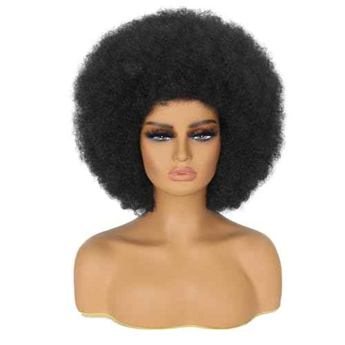 Afro Wigs for Black Women 70s Afro Curly Wigs Soft Natural Looking Fluff and Bouncy Black Afro Wigs Synthetic Hair Big Afro Wig for Daily Party Cosplay Costume(Black)