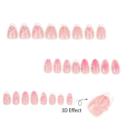 Stbisen Petal Pearl Almond Press On Nails - 95-Blush, 24pcs, Floral & Shell Design