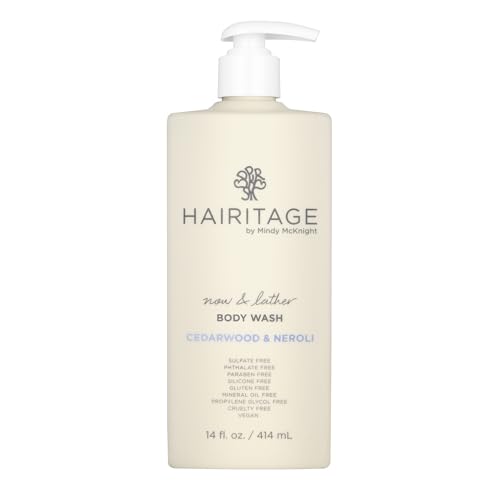 Hairitage Now & Lather Cedarwood & Neroli Scented Body Wash for Women, Men & Kids - Oat Kernel & Gotu Kola Extracts for All Skin Types - Rosemary & Orange Oils 14 fl oz.