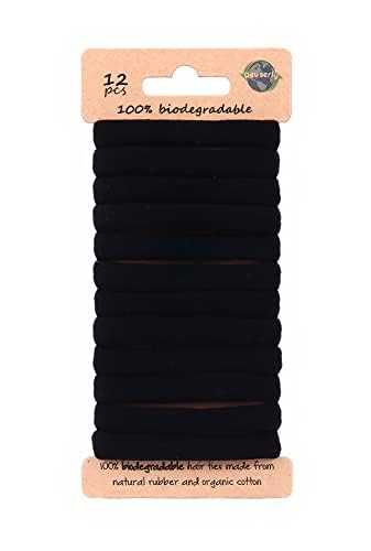 Biodegradable Eco Friendly Elastic Thick 8mm Large Hair Ties for Women & Men - Organic No Crease - Cotton Natural Rubber Ponytail Holders - Hair Ties for Buns - Plastic Free Hairbands (12 Pcs, Black)