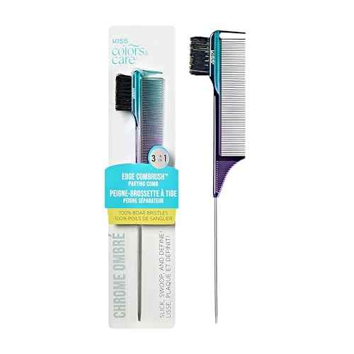 KISS Colors & Care 3-in-1 Edge Combrush, 100% Natural Boar Bristles, Edge Brush, Parting Comb, Side Comb & Pin Tail, Multifunctional Styling Tool with Ombre Chrome Finish