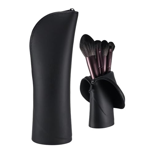 Travel Makeup Brush Holder, Silicone Small Makeup Brush Case, Portable Stand-up Makeup Tools Cosmetic Bags for Women,Soft Waterproof Brushes Organizer with Zipper (Black)