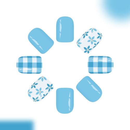 Blue Checkered Press On Nails Short Square 24Pcs
