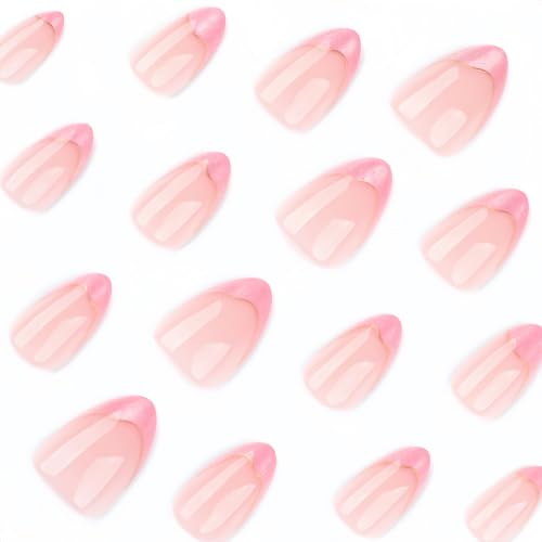 Gilded Pink Shimmer French Press On Nails 72-Piece Short Almond Cat Eye Tips Kit