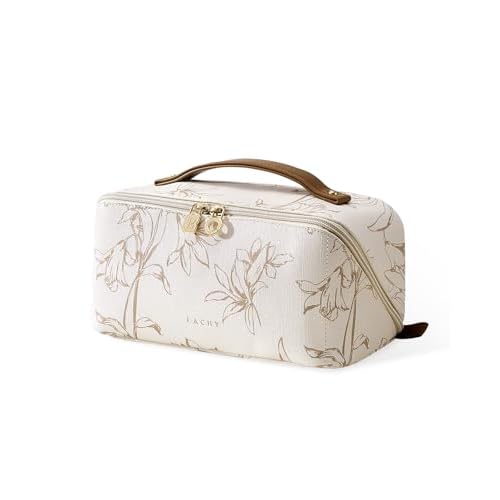 EACHY Travel Makeup Bag, Large Capacity Cosmetic Bags for Women, Waterproof Portable Pouch Open Flat Toiletry Bag Pattern Make up Bag (F-Beige)