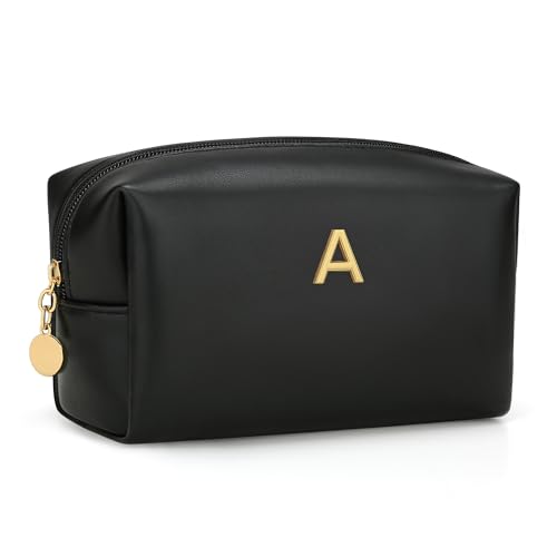 Personalized Initial Makeup Bag | Waterproof PU Leather Cosmetic Toiletry Travel Bag