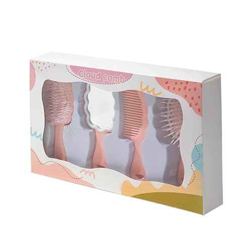 4 Pieces Mini Wet Hair Brush Hair Comb Set For Women Girls Kids Gift Small Cute Cloud shaped Hair Comb Hair Brush Handheld Mirror Set Travel Detangling Comb Massage HairBrush with Air Cushion (Pink)