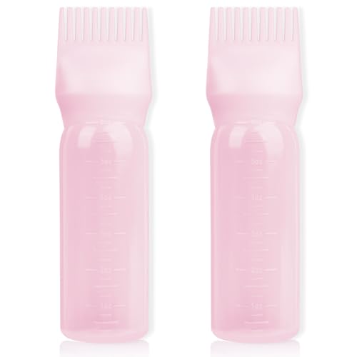 BLAAROOM Root Comb Applicator Bottle 6 Ounce, 2 Pack Hair Oil Applicator Bottle, Hair Dye Bottle Applicator Tools with Hair Oil Dispenser Root Comb Brush for Hair Oiling Applicator - Pink