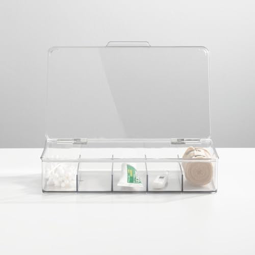 mDesign Plastic Divided Stackable Hair, Makeup & Jewelry Organizer Box with Hinge Lid for Bathroom Vanity Countertop - 5 Sections - Stores Hair Clips, Barrettes - Ligne Collection - 2 Pack - Clear