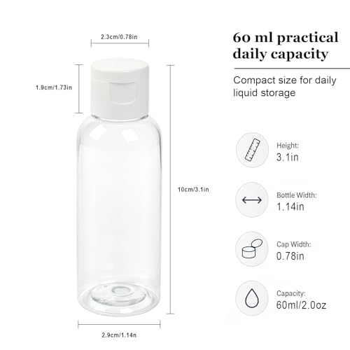 60ml Pack of 6 Plastic Empty Bottles with Flip Cap for Shampoo, Lotion & Soap