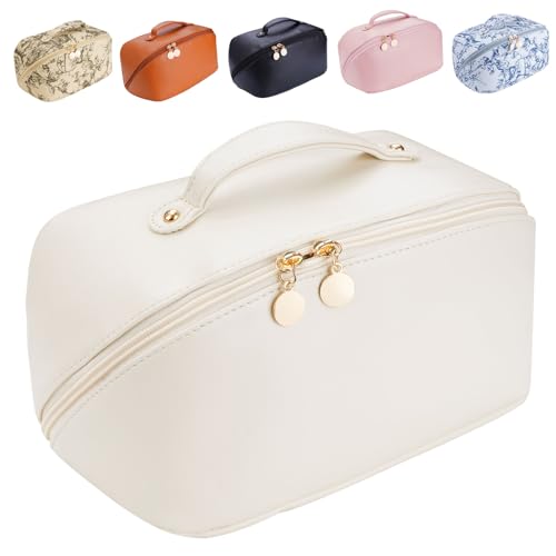 Women's Cosmetic Organizer, Travel Cosmetic Bag, Waterproof PU Leather Toiletry Bag with Handle and Transparent Compartment