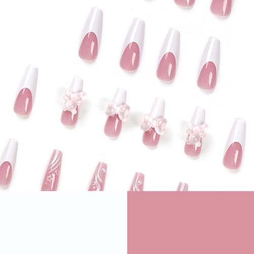 Ballet Press on Nails Long, 3D Pink Bow Rhinestone Star Fake Nails White French Tip Stick on Nails Heart Bear Bling Pearl False Nails Coffin Acrylic Nails Manicure for Women and Girls, 24PCS