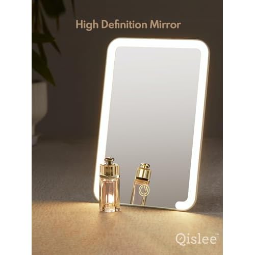 Qislee Travel Makeup Mirror with Lights, 3 Color Modes, 8 x 5 inches Desk Mirror with Foldable Stand, Touch Dimming, Perfect Travel Accessory, White