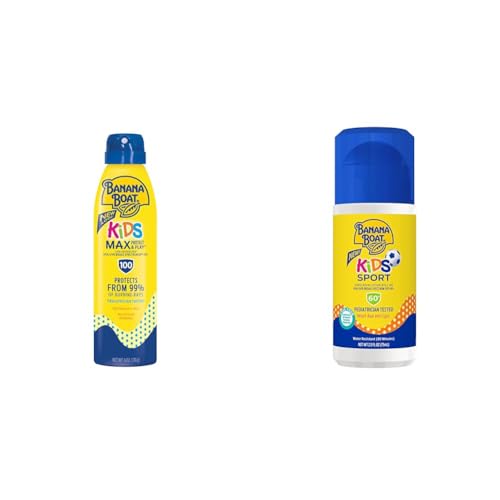 Banana Boat Kids Max Protect & Play Sunscreen Spray SPF 100, 6oz and Sport Sunscreen Roll On Lotion SPF 60, 2.5oz Bundle
