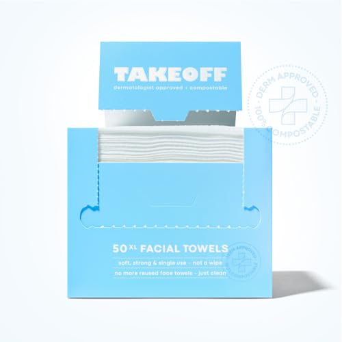 Takeoff Face Towels, 10"¡¿12" XL Face Disposable + Compostable, Ultra Soft Makeup Remover Dry Wipes, Thick Face Towel w/Dual Texture For All Skin Types incl. Sensitive, 50 Count x 2 Pack (100 total)
