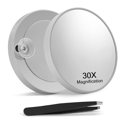 30X Magnifying Makeup Mirror with Suction Cups & Tweezers - Grey