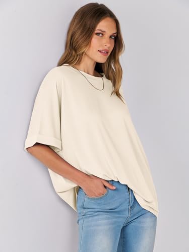 ANRABESS Women's Oversized T Shirts Short Sleeve Crewneck Summer Tops Casual Loose Basic Tee Shirts 2024 Trendy Clothes Apricot Small