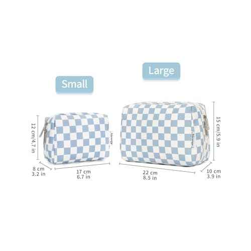 Narwey Checkered Makeup Bag Travel Cosmetic Bag Organizer Toiletry Bag Make Up Bags with Compartments for Women Girls((Large, Sky Blue Checkerboard)