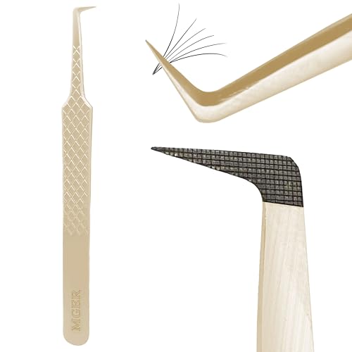 MGER Lash Tweezers for Eyelash Extensions,Diamond Grip 90 Degree Fiber Tip Volume Lash Extension Tweezers,Gold (90 Degree Volume Tweezers)