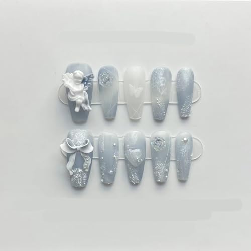 Handmade Long Blue Press-On Nails - Size L Fake Nails Set (1 Pack)