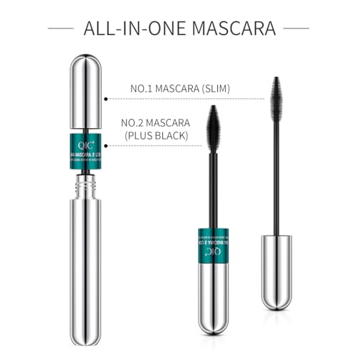 2 in 1 Double-effect 4D Curling Black Mascaras,Waterproof & Smudge Proof Lash Extensions Stereo Lengthening Mascara For Women,Quick-Not Sticky Long Lasting Charming No Clumping(2Pcs) A