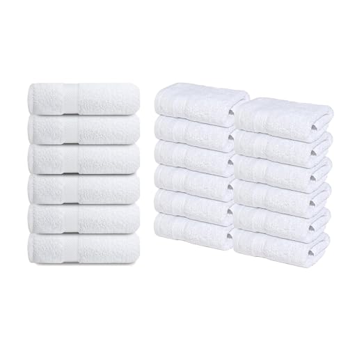 Infinitee Xclusives Premium White Hand Towels 6 Pack, 16x28 Inches, Hotel and Spa Quality + Washcloths Set ? Pack of 12, 13x13 Inches 100% Cotton Wash Cloths for Your Body and Face Towels