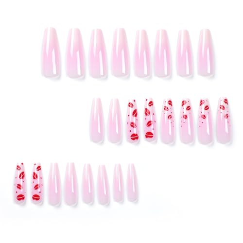 RTKHFZE Press on Nails Long, Coffin Fake Nails Pink Full Cover Acrylic Nails with Nude White Gradient and Lips Designs False Nails Stick on Nails with Glue Gift for Women and Girls Manicure