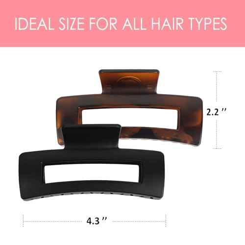 Claw Clip for Women, 4.3" Large 360¡Æ Grip Butterfly Spring Hair Clip, Matte Claw Clips 2 Pack - Strong Hold Rectangle Clips, Durable for Thick Hair, Black & Tortoise