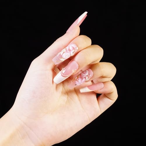 LARSOOY Nails Handmade Press on Nails Long Coffin | Handmade nails with flowers | Reusable hand painted Nails with Design | False Nails 10 Pcs (Rosa Multiflora, S)